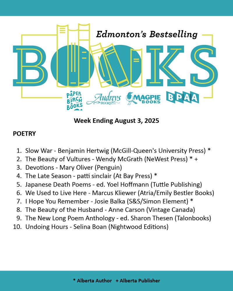 Edmonton Bestseller List for the week ending August 3, 2025. A PDF of the list can be found on our website through the following URL: http://bookpublishers.ab.ca/programs/edmonton-bestseller-list/