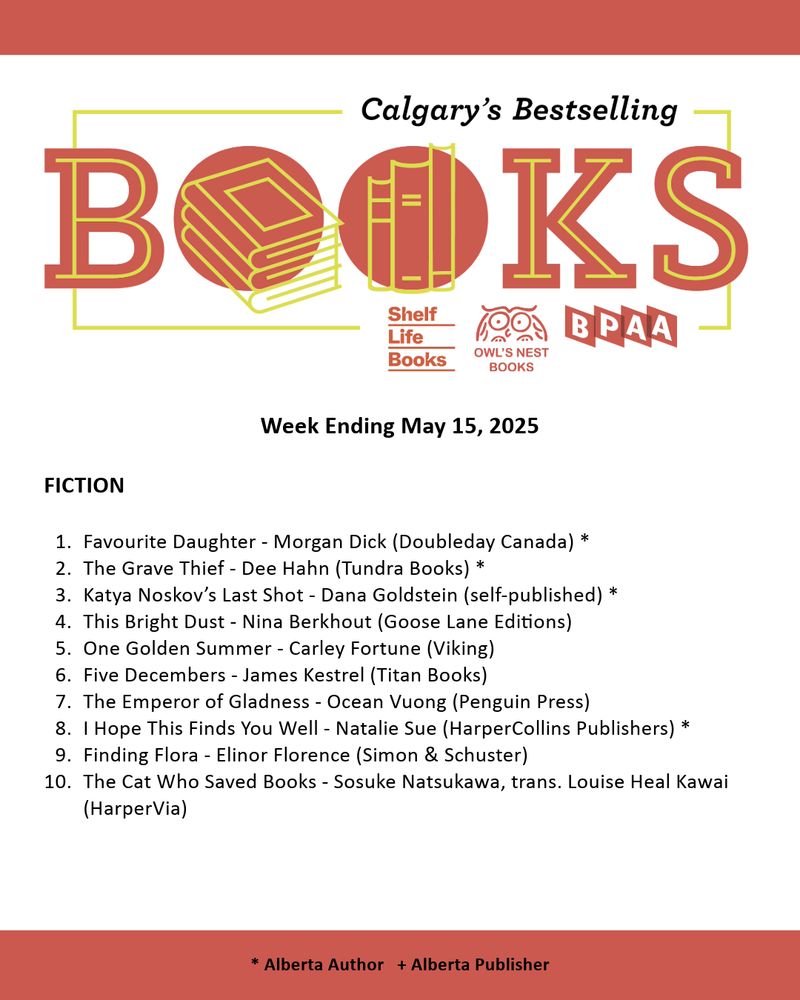 Calgary Bestseller List for the week ending  May 15, 2025. A PDF of the list can be found on our website through the following URL: https://bookpublishers.ab.ca/programs/calgary-bestseller-list/
