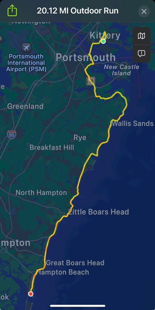 20 mile run along the east coast of New England from Kittery, ME, to Hampton Beach, NH.