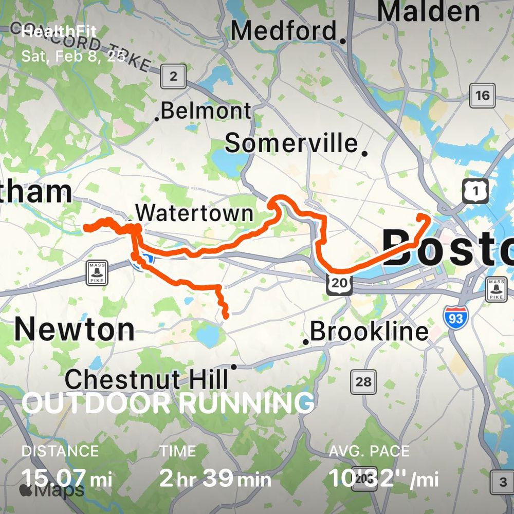 Map of an outdoor running workout along the Charles River in Boston. Distance: 15.07mi, Time: 2hr 39min, Avg. Pace: 10’32”/mi.