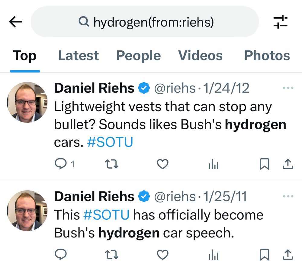 @riehs - 1/24/12
Lightweight vests that can stop any bullet? Sounds likes Bush's hydrogen cars. #SOTU

@riehs - 1/25/11
This #SOTU has officially become Bush's hydrogen car speech.