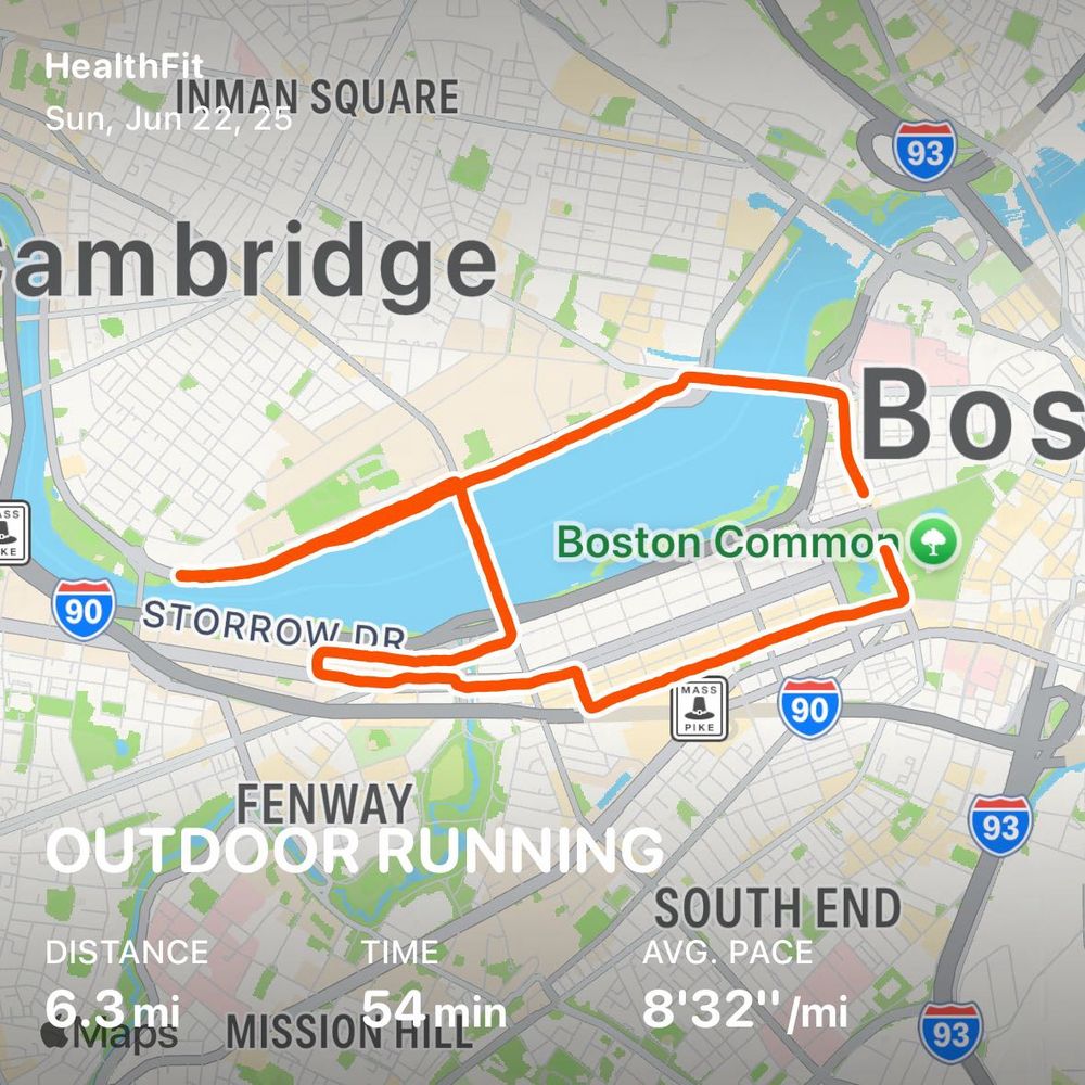 Route for the Boston 10K.
Distance: 6.3 mi
Time: 54 min
Avg. Pace: 8’32”/mi