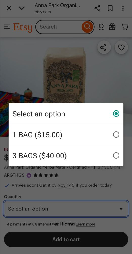 Etsy Anna Park Organic Yerba Mate 1 Bag $15.00   3 Bags $40.00
