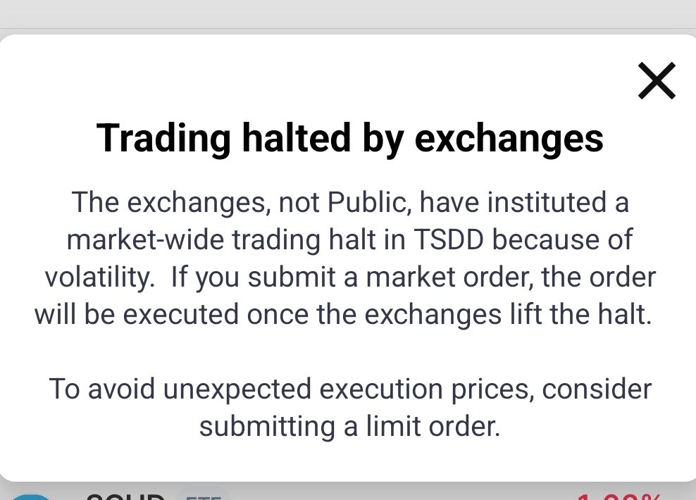 Message from Public (online trading app): "Trading halted by exchanges: The exchanges, not Public, have instituted a market-wide trading halt in TSDD because of volatility. If you submit a market order, the order will be executed once the exchanges lift the half. To avoid unexpected execution prices, consider submitting a limit order."