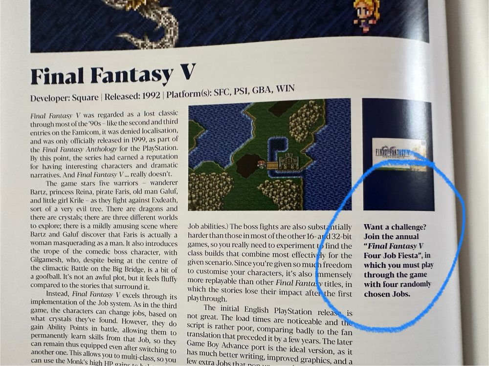 The FF5 section from A Guide to Japanese Role-Playing Games, which mentions the four job fiesta. 