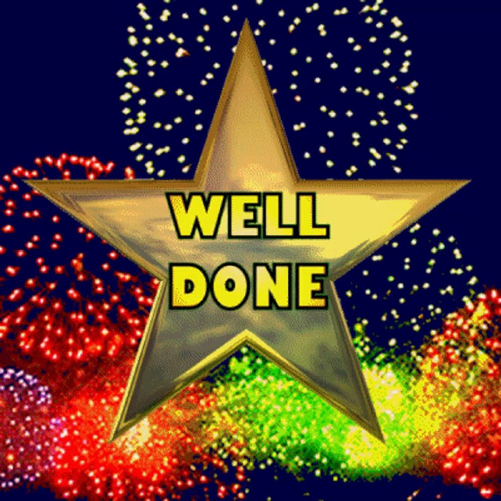 a gold star that says well done on it