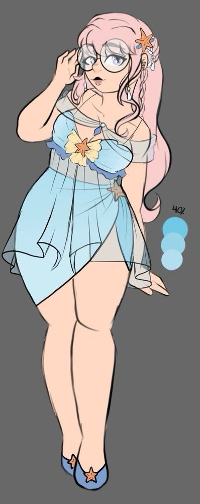 Same character as before but with a new outfit and hair style. Her bangs are no longer swooped back on either side, now they cover her eyebrows and forehead fully, her pink hair is to her butt and a piece is braided, a few strands fall over her shoulders. She wears a soft blue shell shaped top with darker blue frills on the bottom and a soft yellow bow with an orange starfish as the center. A translucent blue fabric drapes down from her top down to her mid thighs, and a thin band of the same material dadpez on either side of her shoulders, connected to a pearl and small blue gem in the center. The bottoms are the same soft blue as her top, and drapes down over her thighs.  Her shoes are the dark blue flats, the same dark blue on the frills of her top, with matching starfish like on her top as well.
Her glasses now have teardrop shaped pearl charms and she wears a starfish and pear hairclip in her hair.