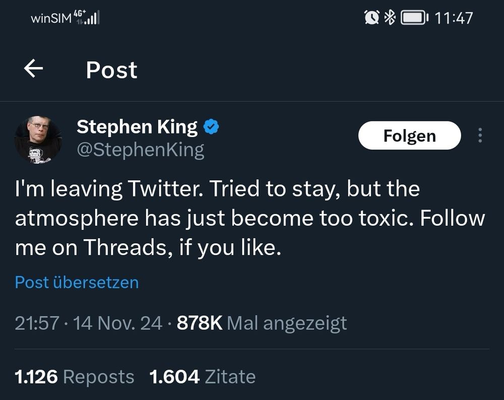 Tweet auf x von Stephen King wo er schreibt das er x verlässt. 