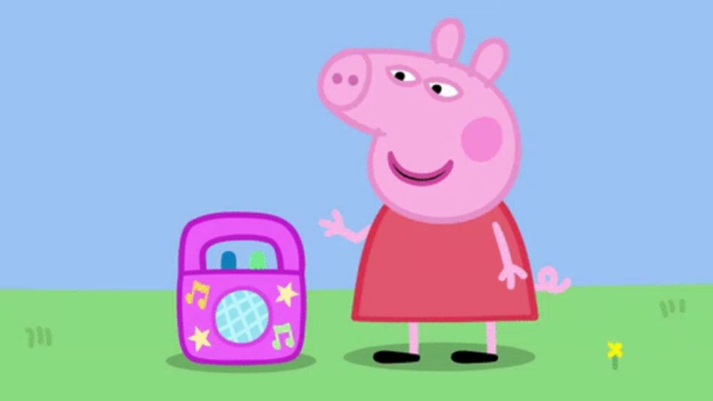 three peppa pigs are standing next to each other and one has a pirate hat on