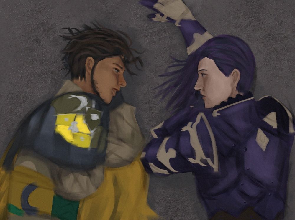 Digital illustration of war Claude and Lorenz. They're both laying on the ground facing each other. Claude laying on his side while Lorenz on his front. A grin on Claude's face.