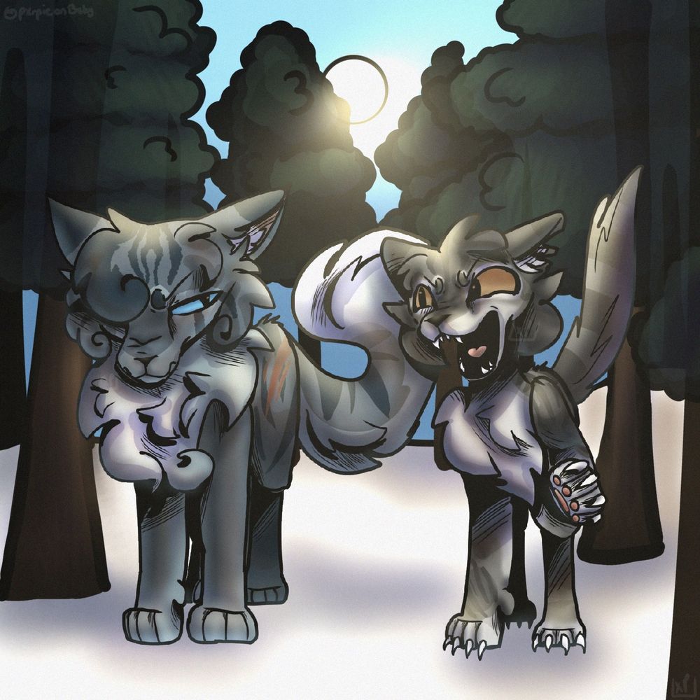 ivyheart (left), glaring at brokenhowl (right). he has a frown on his face and ruffled fur, but he does not have claws unshealthed. there is an old scar on his thigh.

brokenhowl, apparently snarling at ivyheart with claws unsheathed. he is holding up one paw, and he too has ruffled fur.