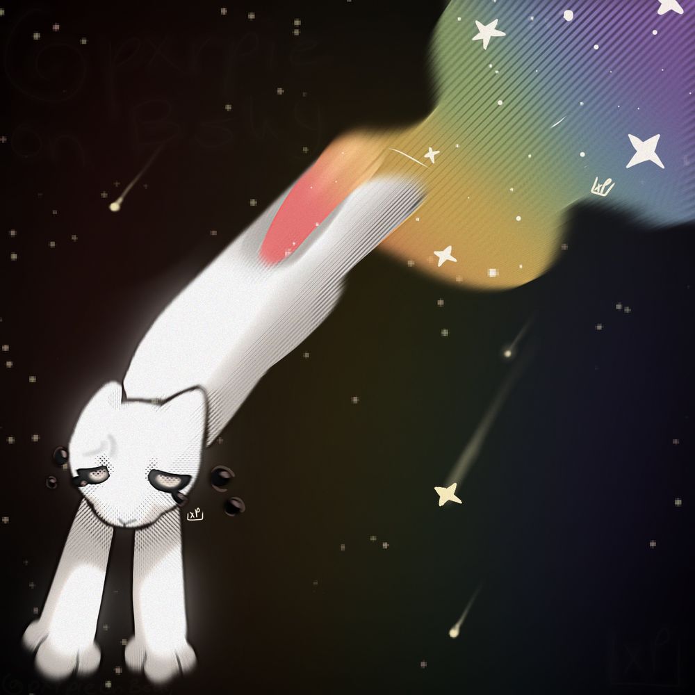 a cat with a rainbow, flowy tail in a galaxy background. appears to be crying.