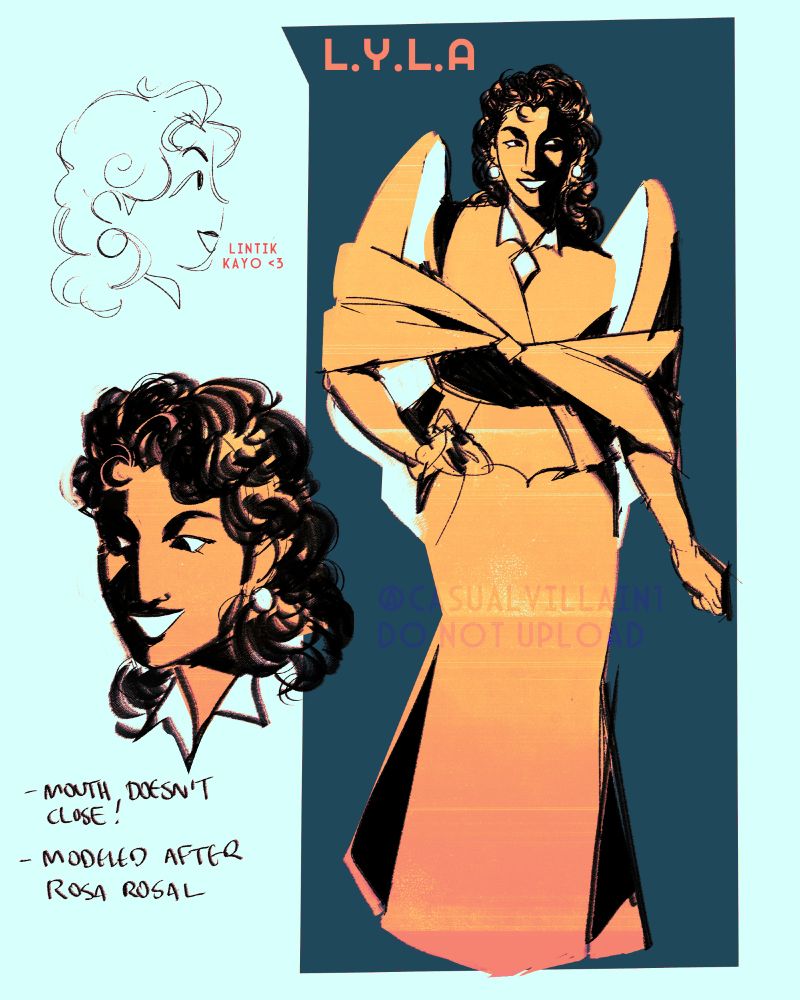 concept art of my lyla design from the spiderman 2099 comics. lyla is a holographic orange ai modelled after the filipina actress rosa rosal, wearing a filipiniana dress and shawl with white circular earrings. her mouth is in a perpetual grin.
