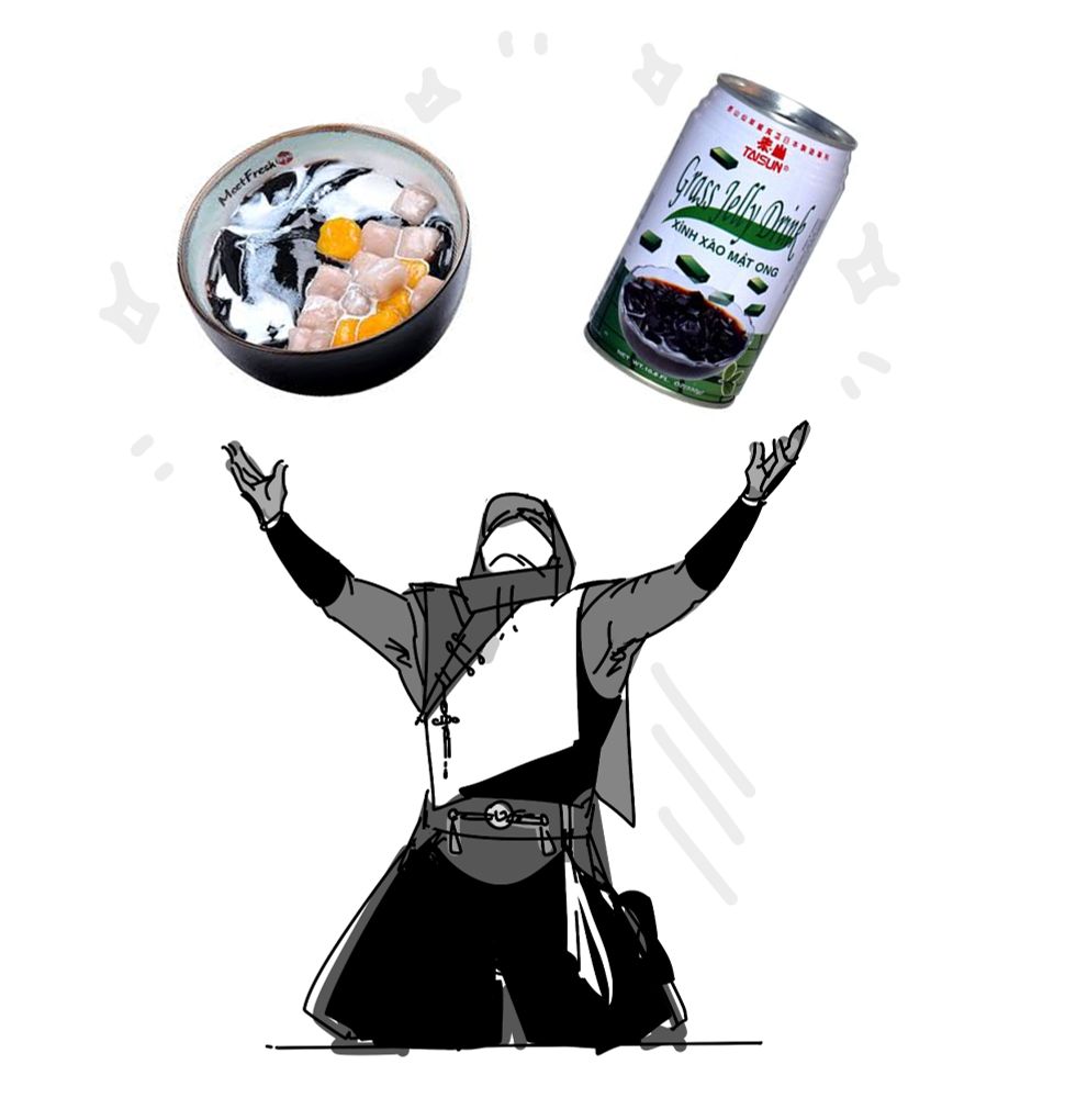 doodle of lan xing on his knees with his hands outstretched, worshipping pictures of a Meet Fresh Signature Grass Jelly Bowl and a can of grass jelly drink.