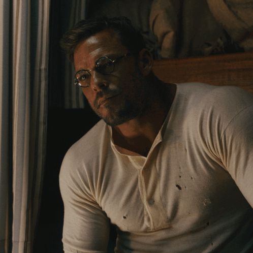 Alan Ritchson from Ungentle an Warfare wearing slutty little glasses.