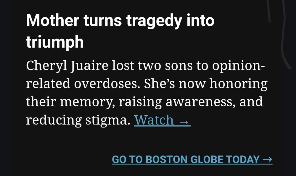 News snippet titled "Mother turns tragedy into triumph", about a woman who "lost two sons to opinion-related overdoses"