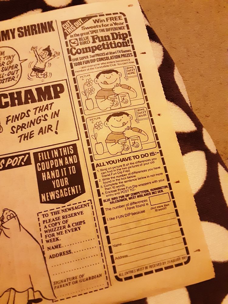Print advert/competition for Fun Dip sweets from the pages of a 1981 Whizzer & Chips comic.