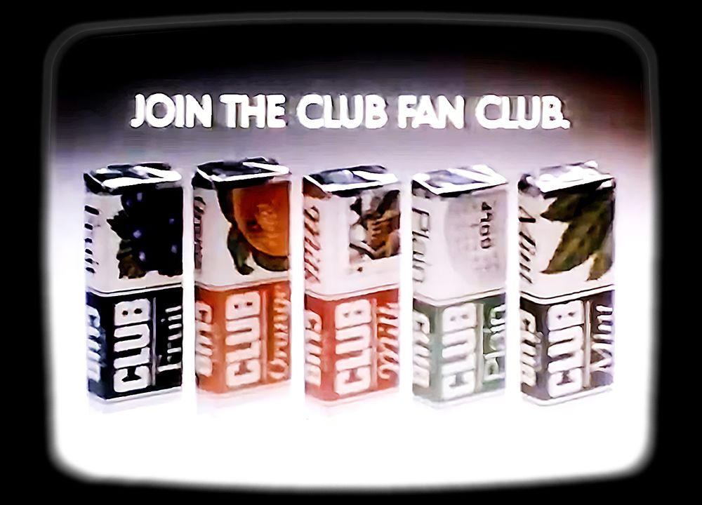Five "Club" chocolate biscuit bars from the 1980s, showing Fruit, orange, Milk, Plain and Mint varieties. Text above them reads, "Join the Club fan club."