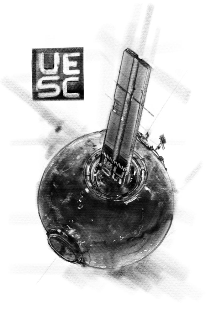 Charcoal sketch of UESC MARATHON, a giant spaceship built inside a moon.
