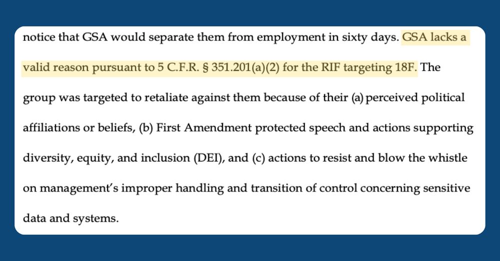 Screenshot of a section of 18F employees' appeal to the U.S. Merit Systems Protection Board. Highlighted text reads, "GSA lacks a valid reason pursuant to 5 C.F.R. § 351.201(a)(2) for the RIF targeting 18F." Full text of the excerpt is transcribed in the threaded post below.