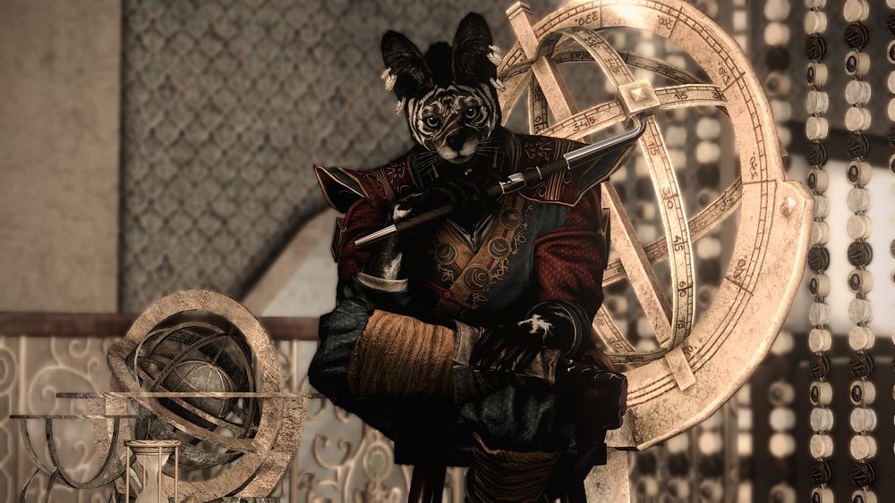 Khajiit Character (Anthropomorphic cat man) from the Elder Scrolls V: Skyrim videogame.
The character is sitting and staring at the screen while holding a smoking pipe. Behind him are several astronomical instruments.