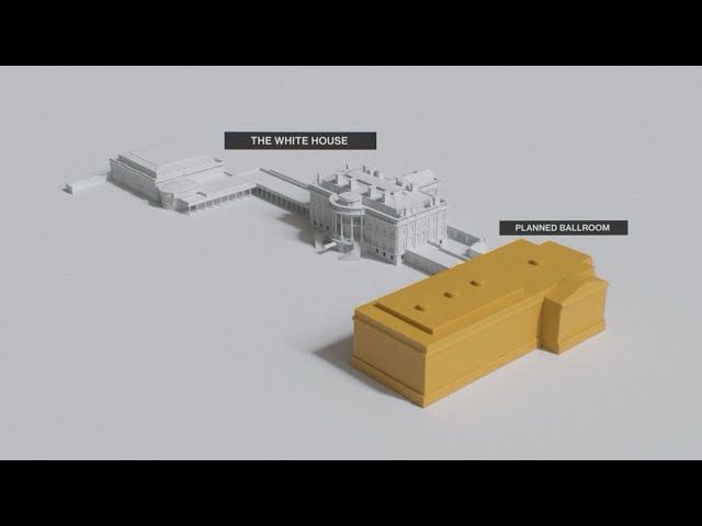 a 3-D rendering of the planned white house ballroom, it’s in the foreground and dwarfs the rest of the complex. it looks like a lego. 