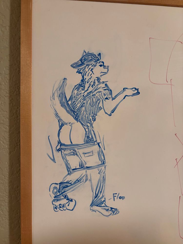 Dry erase marker drawing of a canine dude pulling down his shorts and showing butt