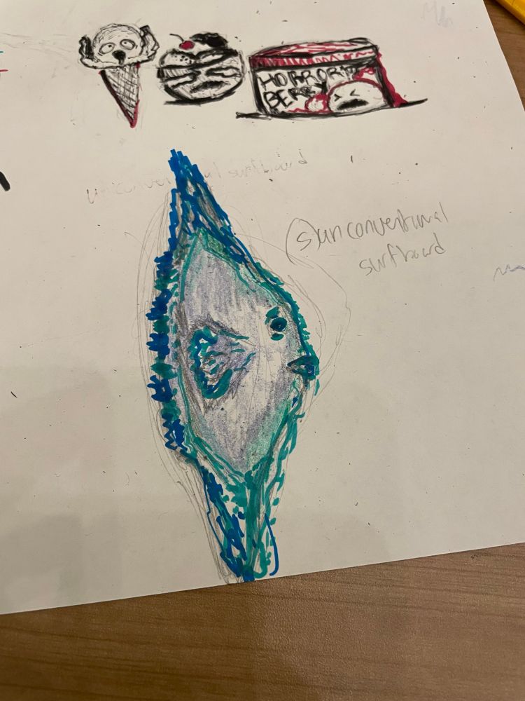 marker and crayon and pencil drawing of an elongated ocean sunfish for the prompt “unconventional surfboard”