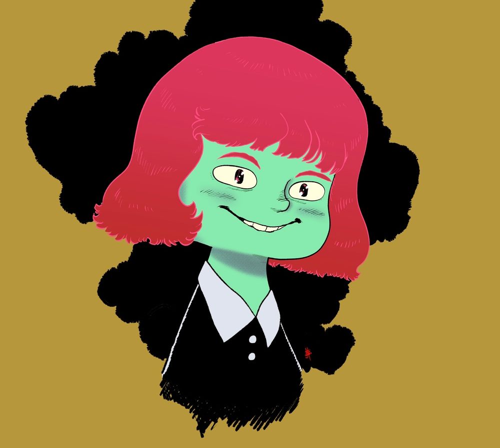 Cartoon scribble of redhead girl with green skin smiling. 
