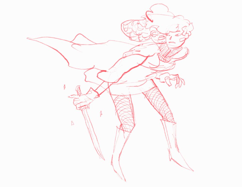 Digital scribble of woman holding a short sword. Her hair and cape is bellowing in the wind. She is wearing gloves, fishnet stockings and white boots.