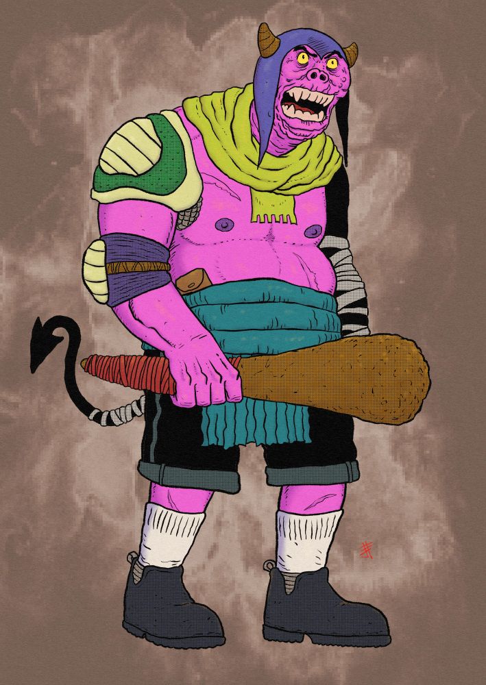 Ogre boy holding a club. His horns are sticking out of his beanie. His wearing doc martens. 