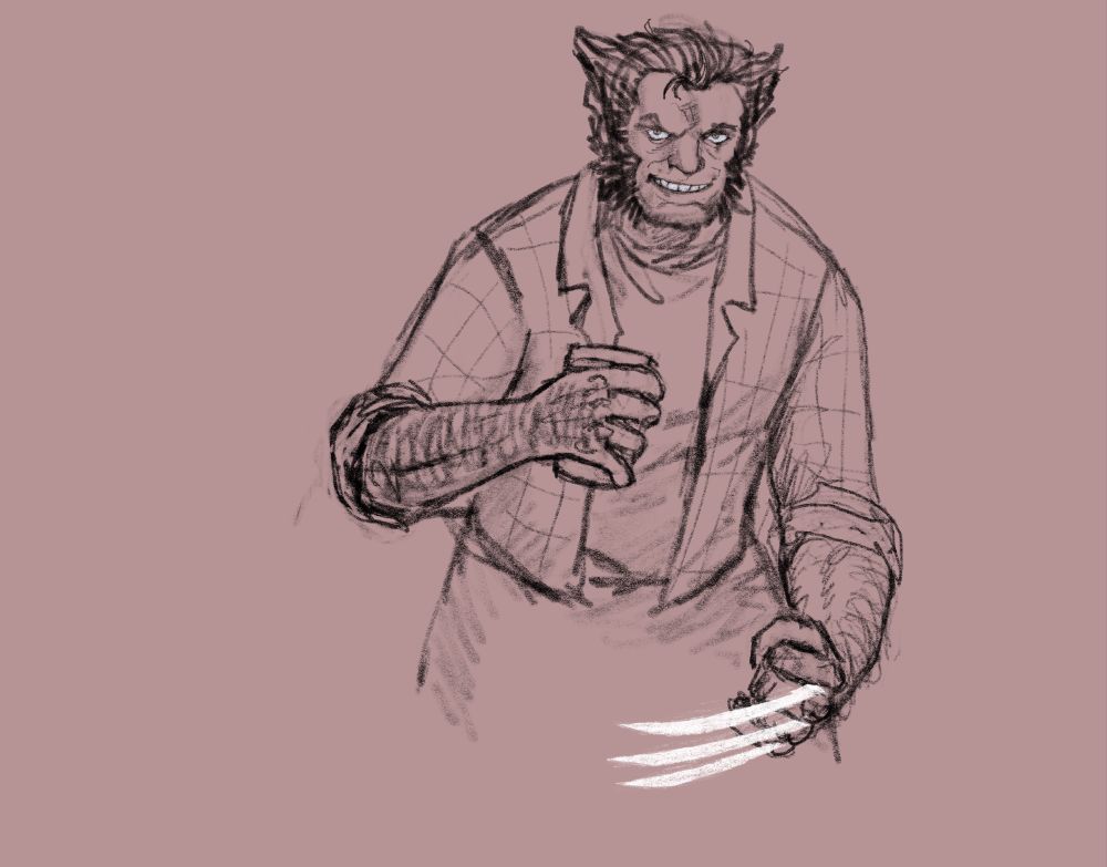 Logan in holding a coffee on one hand and claws out on the other.