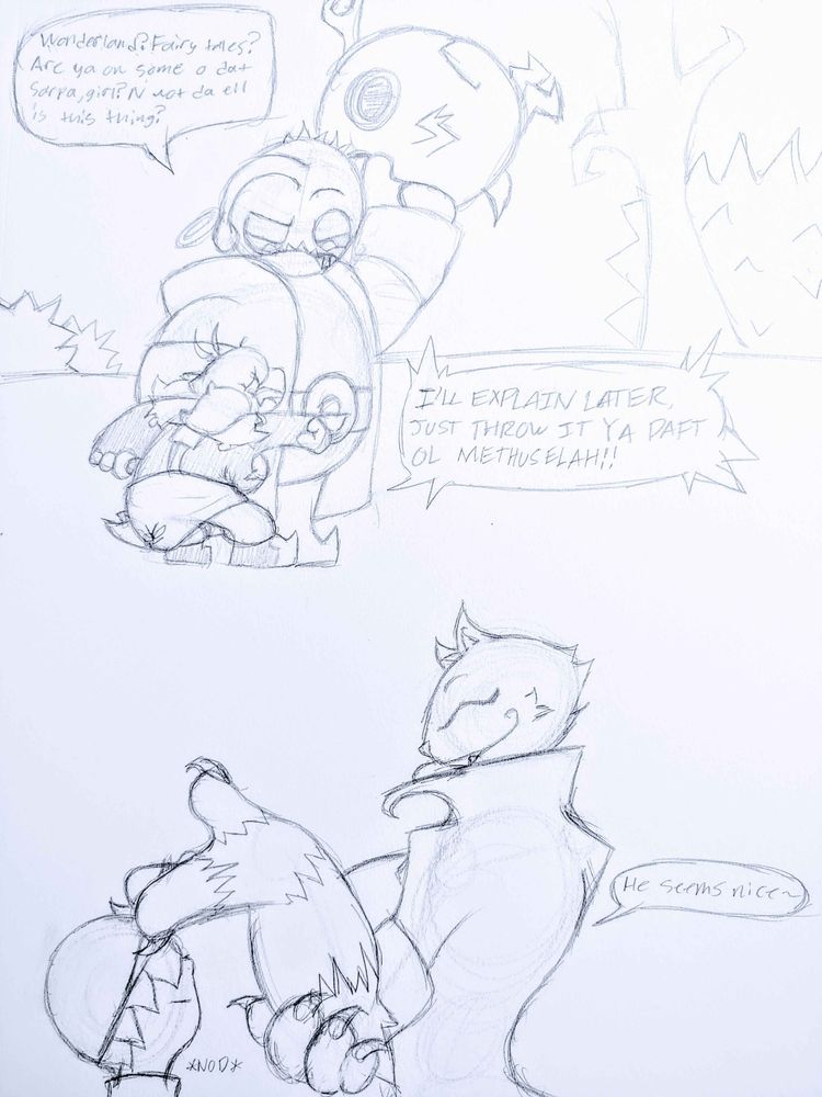 Sam introducing Aengus to Wonderland while Jacob and Lutwidge observe.