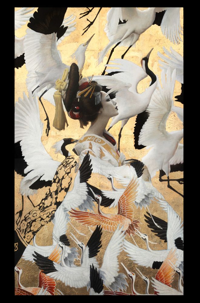 The painting 'Cranes,' in which a flock of wild birds mingle with the those taking flight in the pattern of a geisha's kimono.