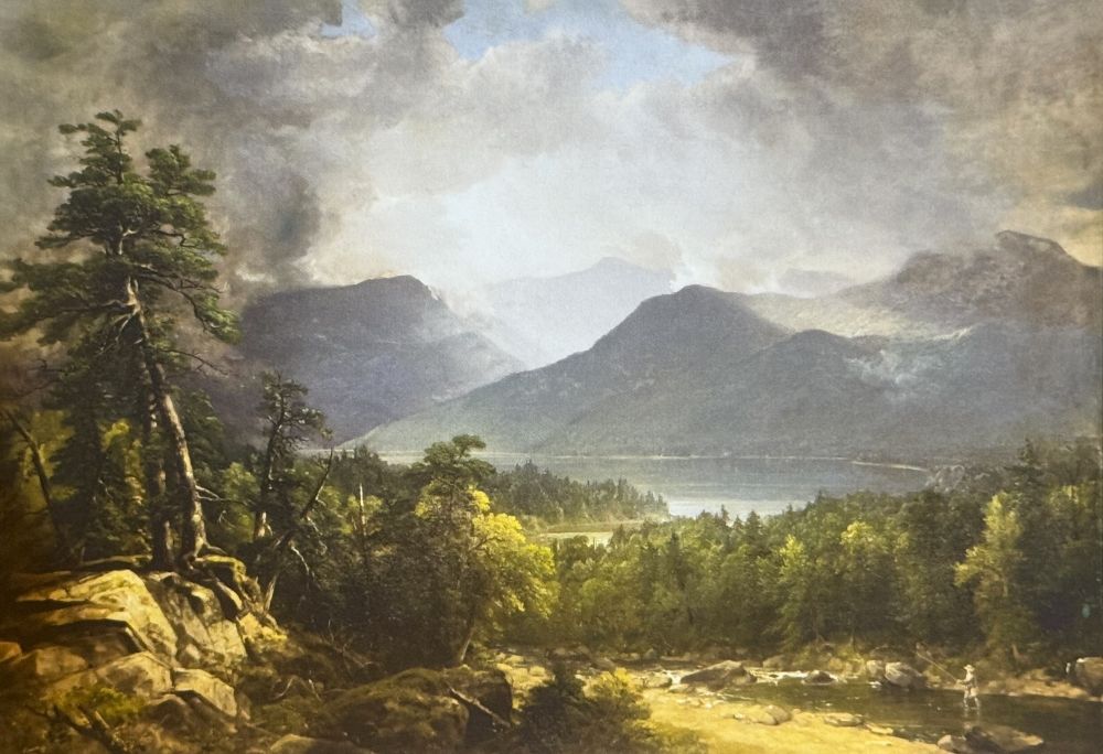 Landscape painting with misty mountains in the background and dark clouds parting to reveal a small portion of blue sky in the top center. In the midground is a wide, tree-lined river. In the foreground on the left are two large trees atop a rock outcropping, and on the right is a stream where a small figure in a hat is casting a fishing line in the air. In 2007, Linda S. Ferber said, 