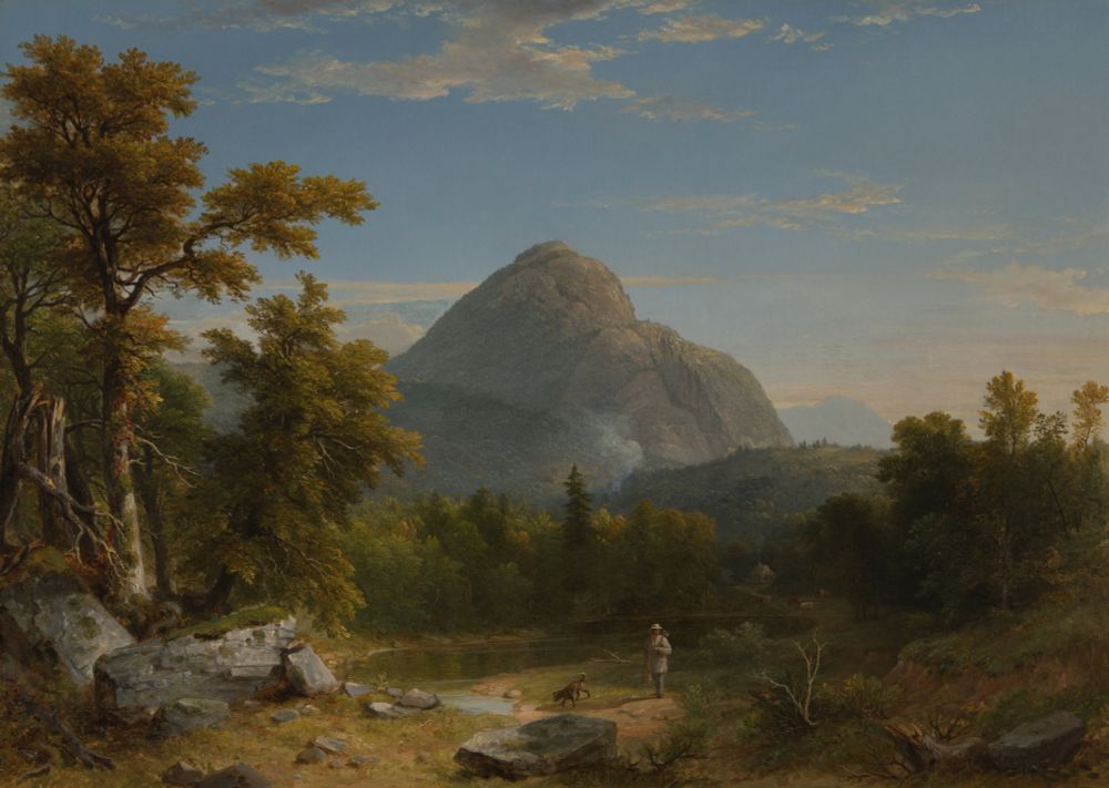 From the Museum: Part of the Green Mountain Range, Haystack Mountain is located near Wilmington, in the far southern center of Vermont. The highly precise sense of draftsmanship with which Asher B. Durand renders the foliage surrounding his lone hiker and dog, as well as the texture of the mountain in the distance, is a legacy of the artist’s first career. Before turning to easel painting, Durand originally worked as an engraver, who produced not only banknotes, but also translated other artists’ paintings into works on paper. This forever left him with a highly detailed sense of line and detail, which is readily apparent in this peaceful scene. (William Keyse Rudolph, 2014)