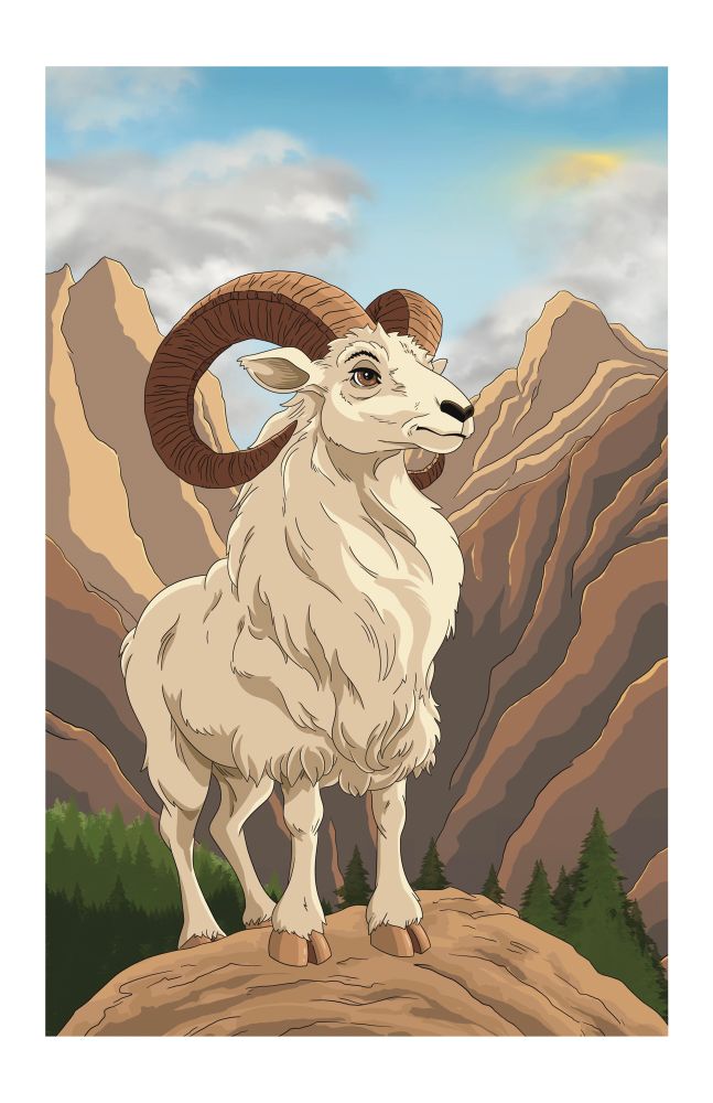 A ram standing on a mountain, with a mountain range in the background
