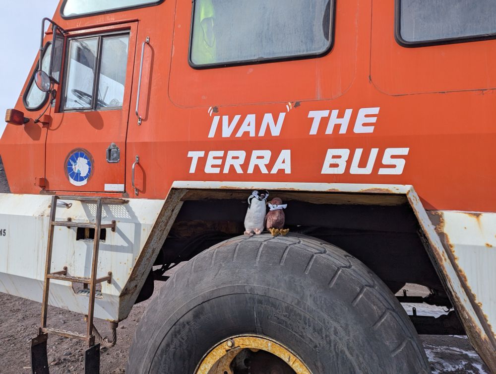 Our Adelie and skua mascots sitting on top of the giant wheel of Ivan the Terra Bus, a famous vehicle.