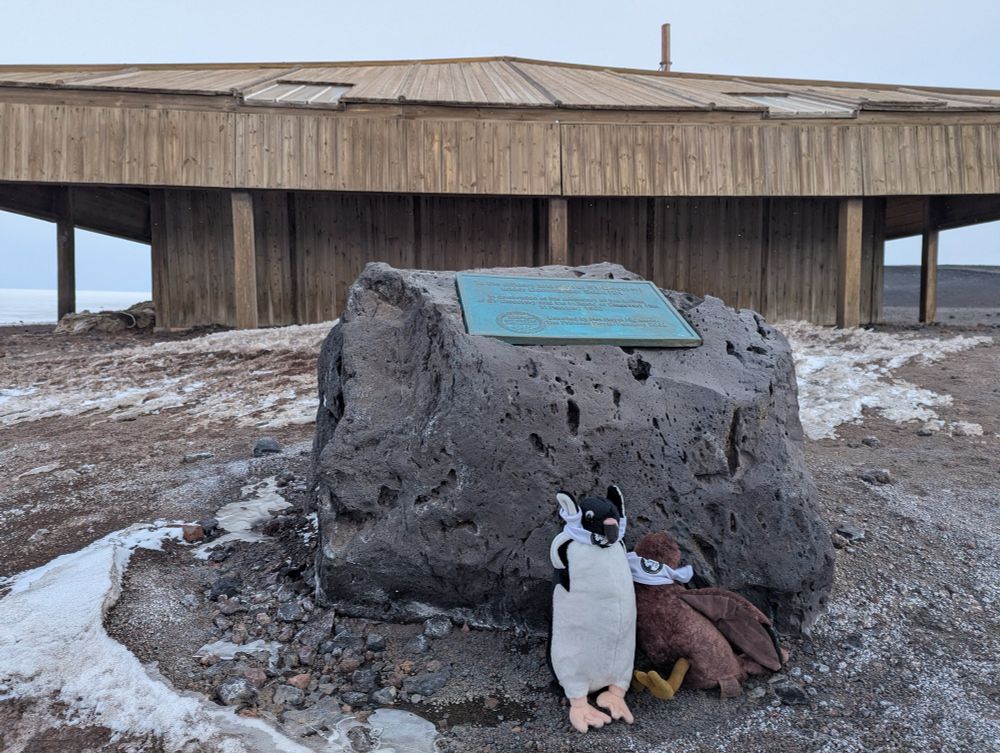 Mascots sitting in front of Scott's Discovery Hut