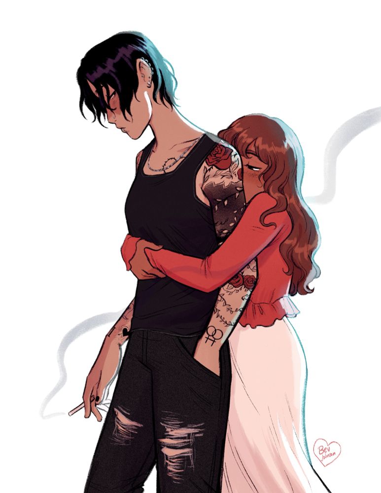 isi hugging ro from behind, they both look angsty 
