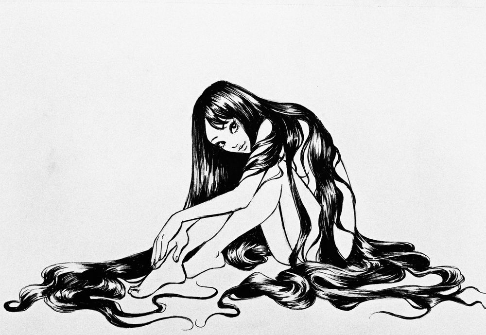 ink drawing of Tomie from Junji Ito’s Tomie