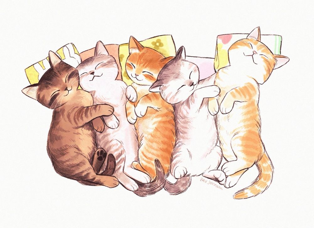 digital art in a colored pencil style: 5 different-colored kittens sleeping/cuddling 