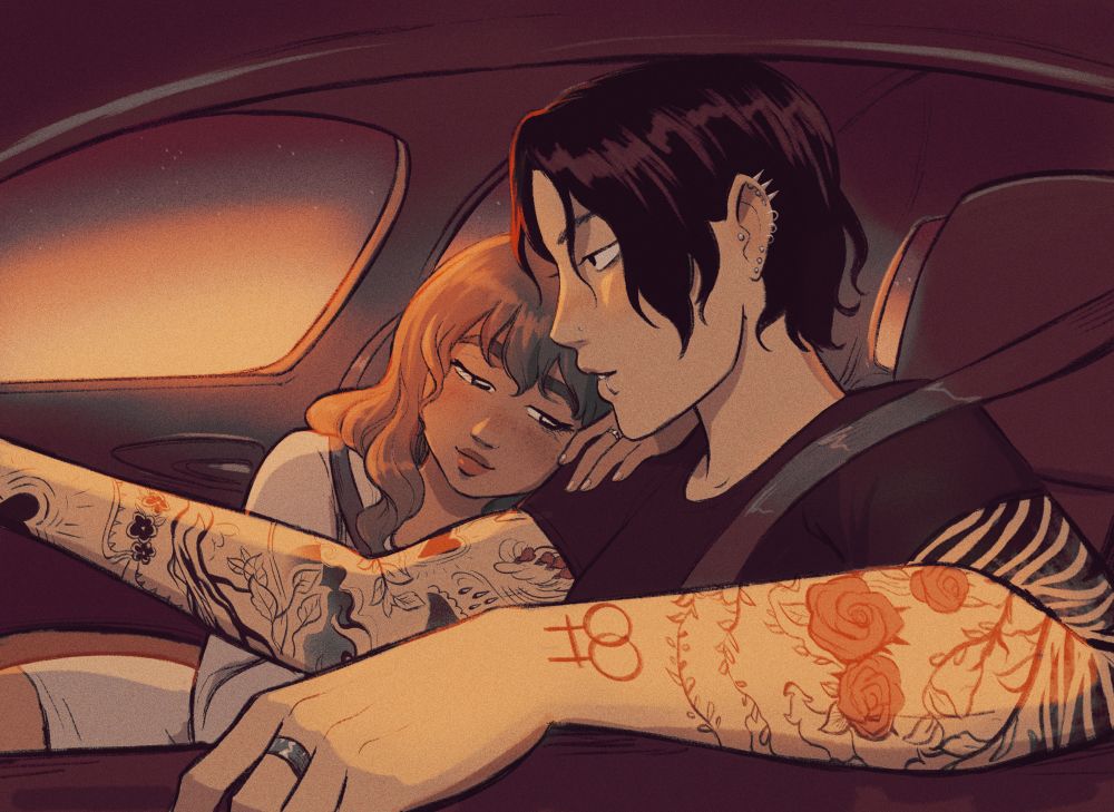 Ro driving, Isi is in the passenger seat leaning on her 