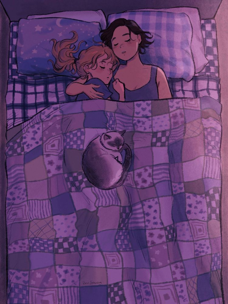 digital art. me, my wife, and my cat sleeping in a bed with a colorful quilt 