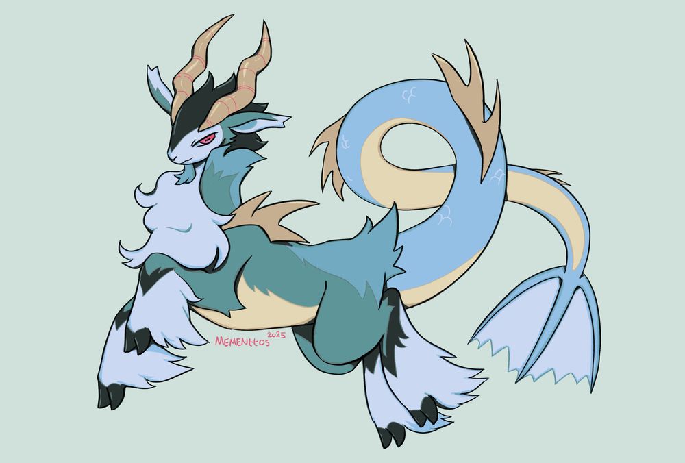 A digital drawing of a capricorn character inspired by two Pokemon; Cobalion as the goat half, and Gyarados for the fish half.