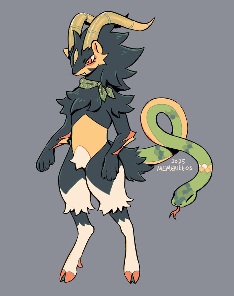 A digital drawing of an anthropomorphic chimera design comprised of several Pokemon - the head and torso of a shiny Luxray, the legs and horns of a shiny Gogoat, and a shiny Ekans for the snake tail.