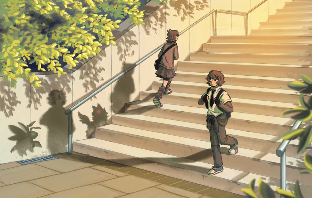 A digital illustration of two high school students, one boy and one girl, passing each other while walking on concrete stairs outdoors. The scene is set just before sunset, with bright orange sunlight casting long shadows of both characters against a concrete wall lining the stairwell. Two Digimon appear only as shadows on the wall, one next to each child's shadow; Fanbeemon next to the boy's shadow, and Loogamon next to the girl's shadow.