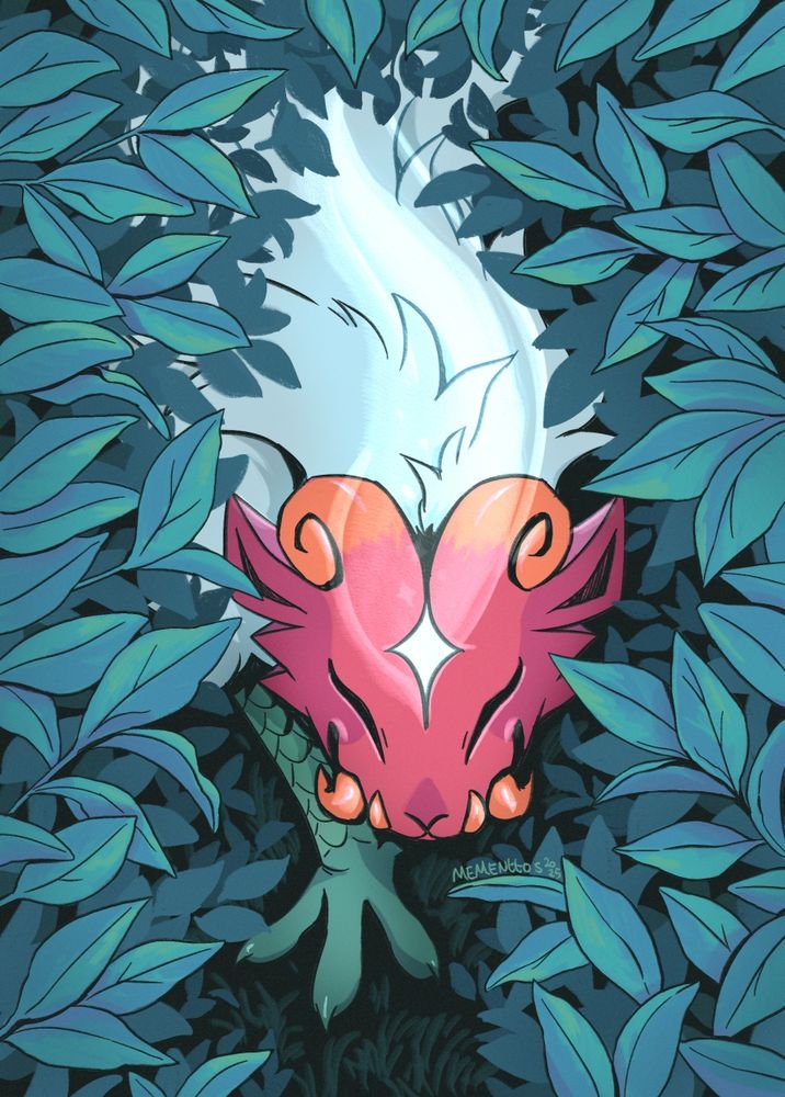 A digital illustration of a masked beast walking through thick foliage.