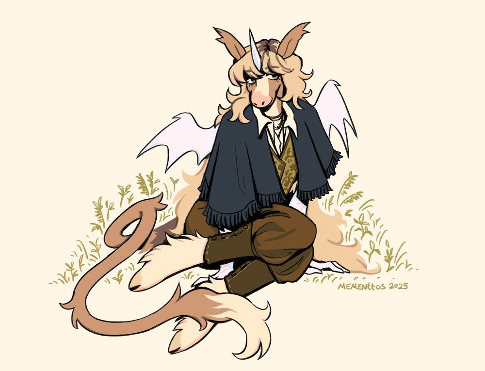 A digital drawing of a tan and cream anthropomorphic dragon-unicorn character, wearing cuffed brown pants, an olive green vest, and a black tasseled poncho. He's sitting with his knees together, leaning forward on his hands, with small plant details around him.