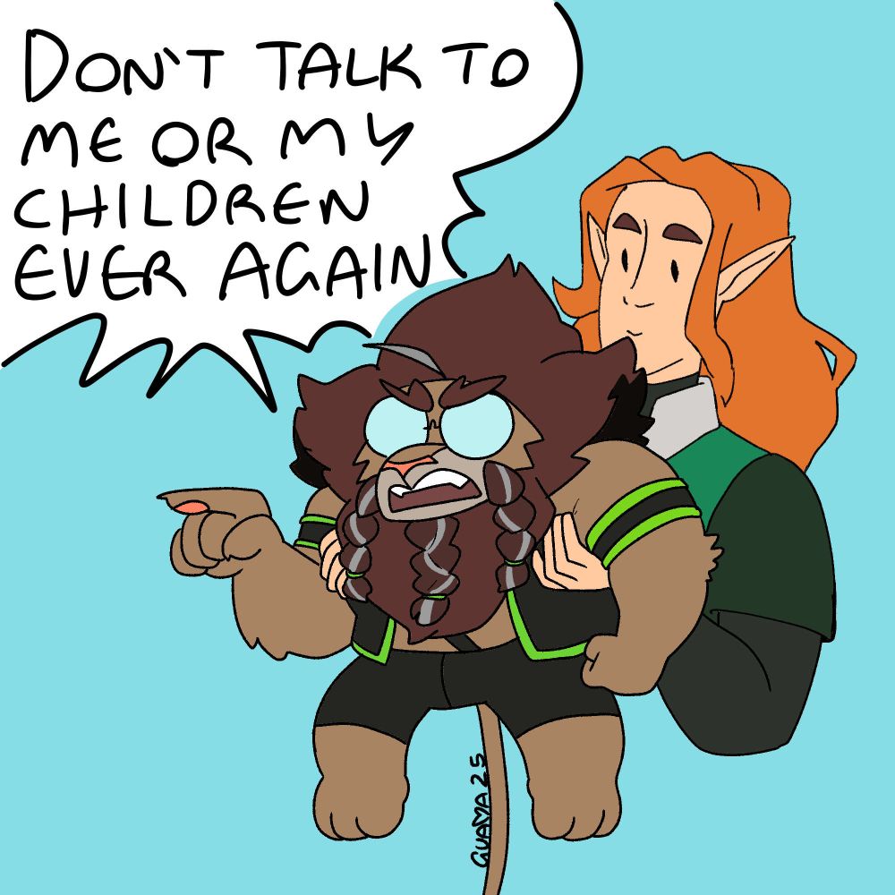 Half Elf Rublev holding up Percy who points forward and yells: Don't talk to me or my children ever again!"